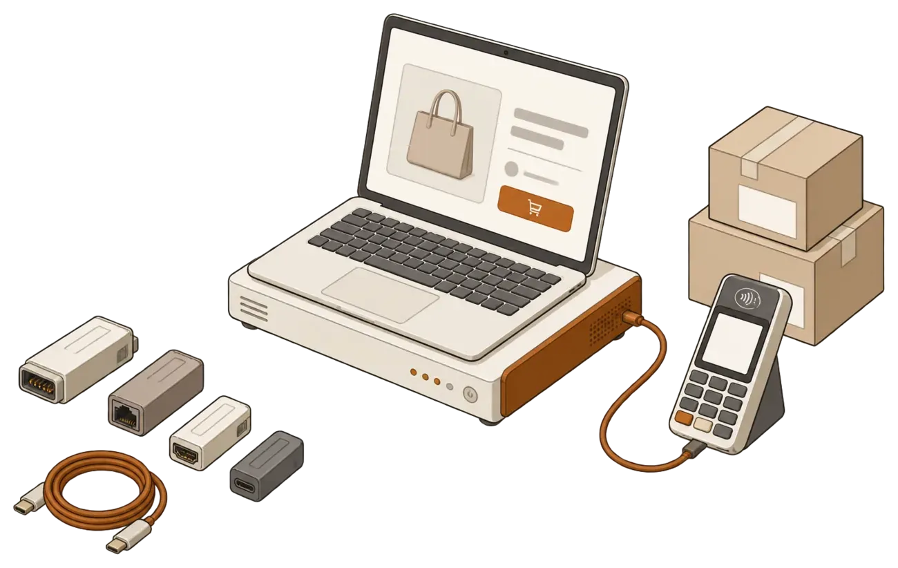 Kreslená ilustrácia: notebook s produktovou stránkou e-shopu stojí na jednej úhľadnej jednotke, vpravo platobný terminál a dve expedičné krabice, vľavo bokom odložené odpojené rozšírenia a zvinutý kábel