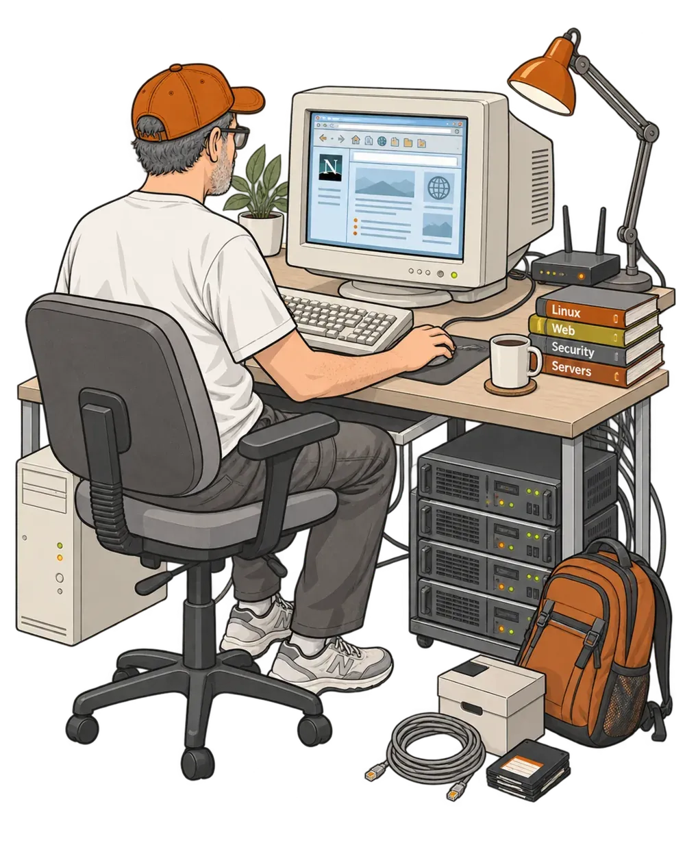 Kreslená ilustrácia správcu webu odzadu: sedí pri starom béžovom CRT monitore s prehliadačom, vedľa má stoh technických kníh, router a lampu, pod stolom kompaktnú serverovú zostavu