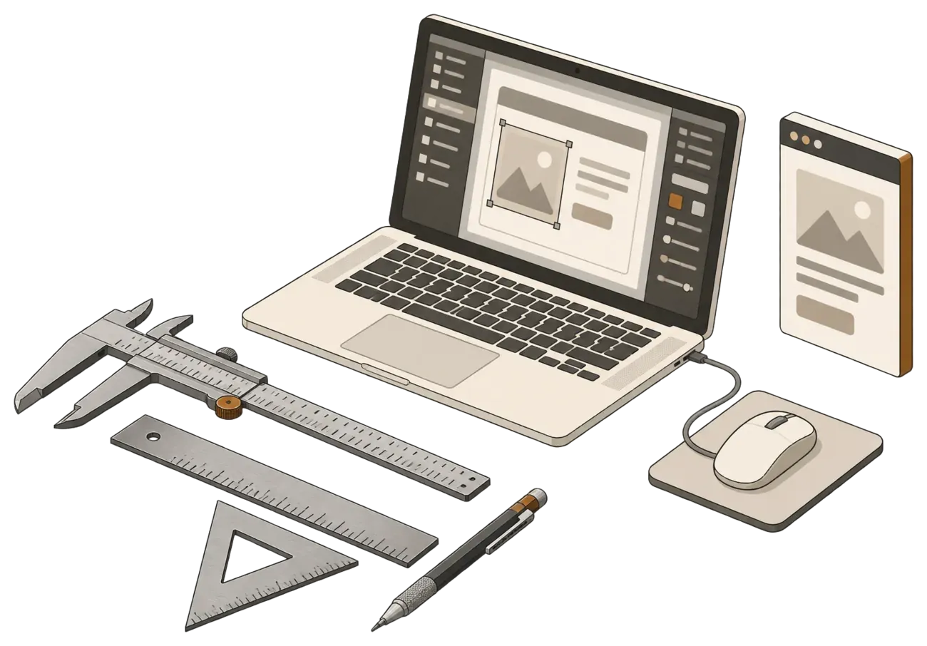 Kreslená ilustrácia: notebook s otvoreným návrhovým nástrojom a myš na podložke, vpredu posuvné meradlo, oceľové pravítko, uholník a technická ceruzka, vpravo tenký modul hotovej stránky